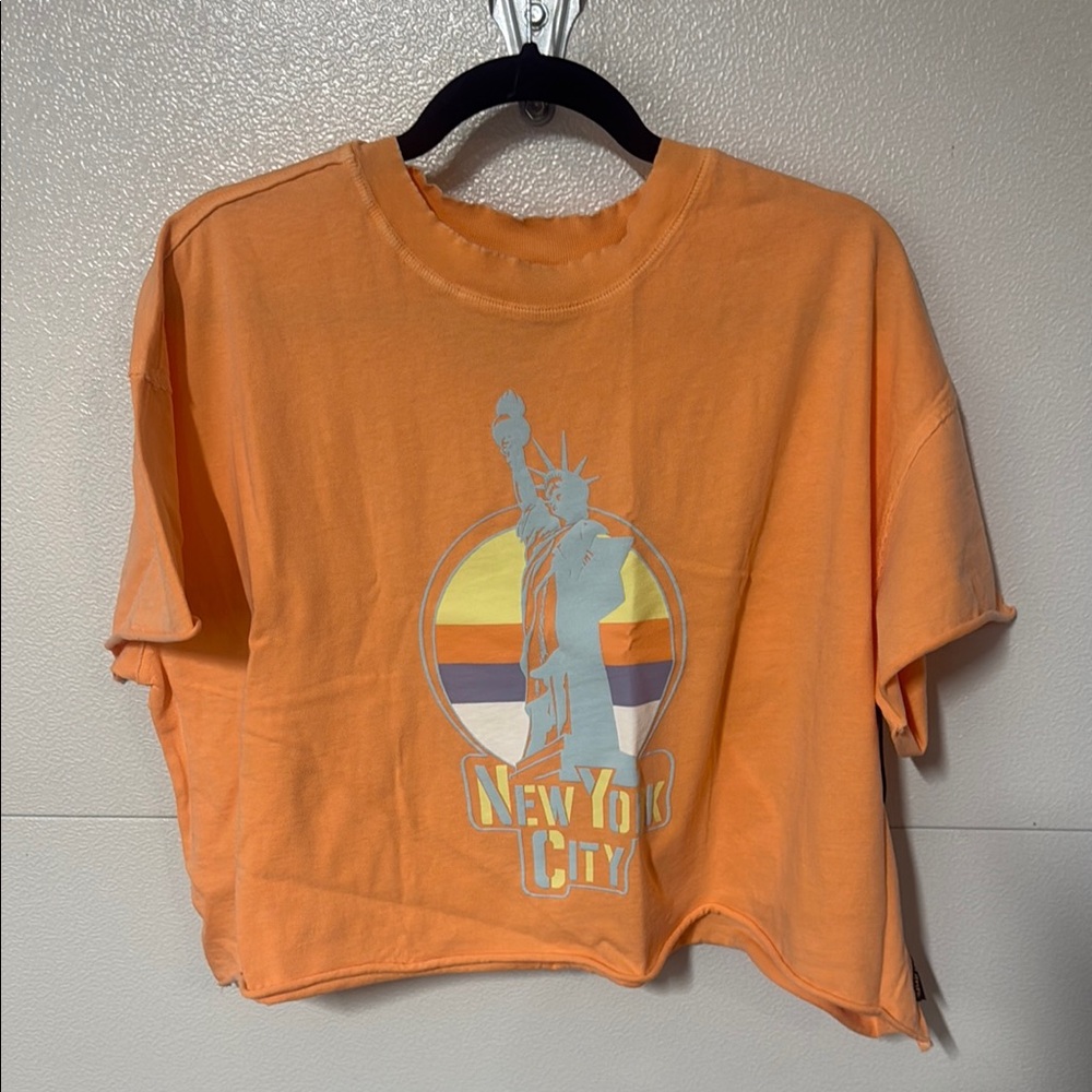 Vibrant Orange Crop Boxy Tee with Blue Accents